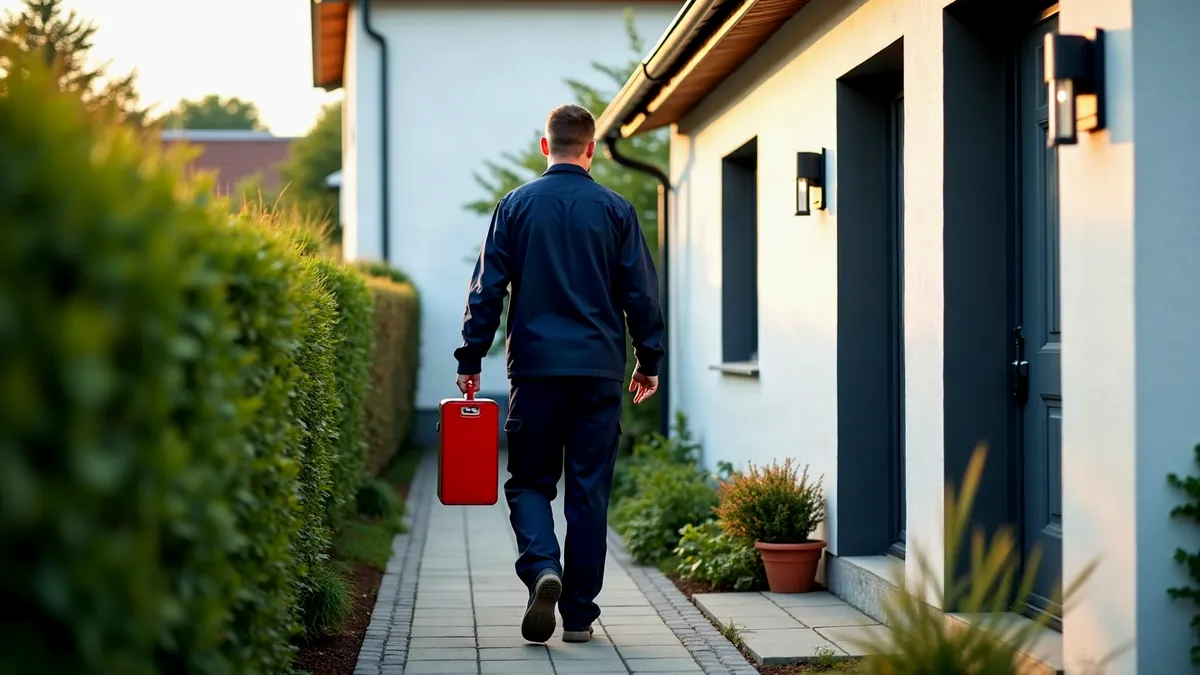 Kundendiensttechniker von hinten mit rotem Werkzeugkoffer auf dem Weg zu einem Wohnhaus