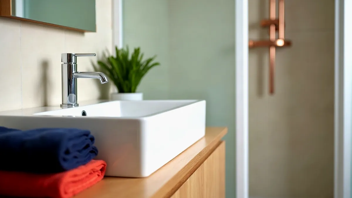 Waschtisch mit Einhebelmischer, im Hintergrund eine Dusche